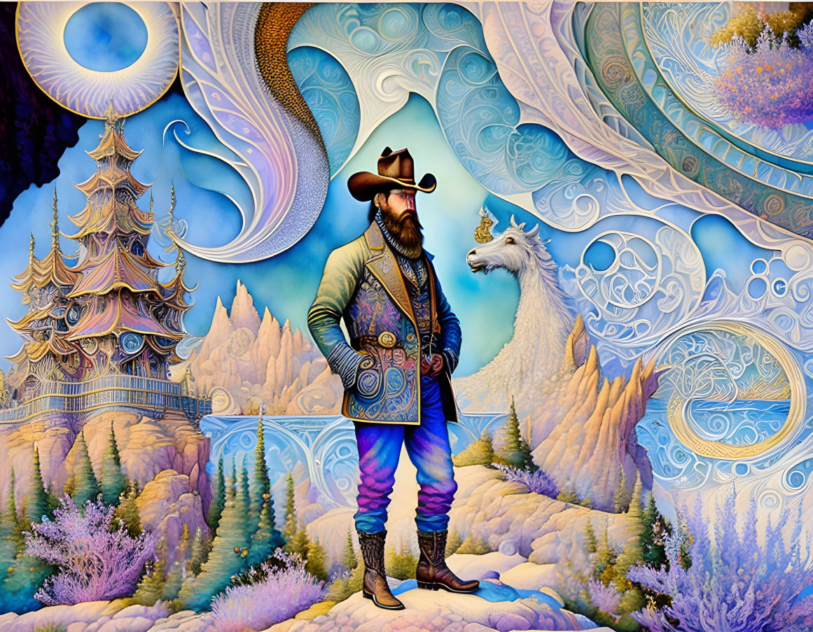 Colorful surrealist artwork: man in historical attire with llama in intricate, fantastical landscape