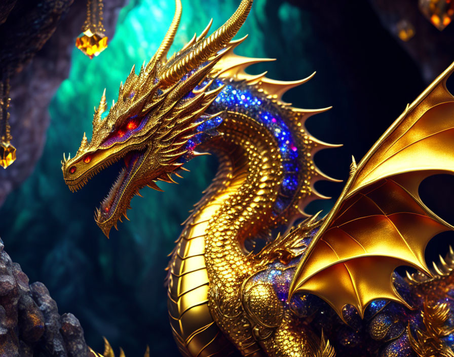 Golden dragon with red eyes and blue accents in rocky cavern with lanterns