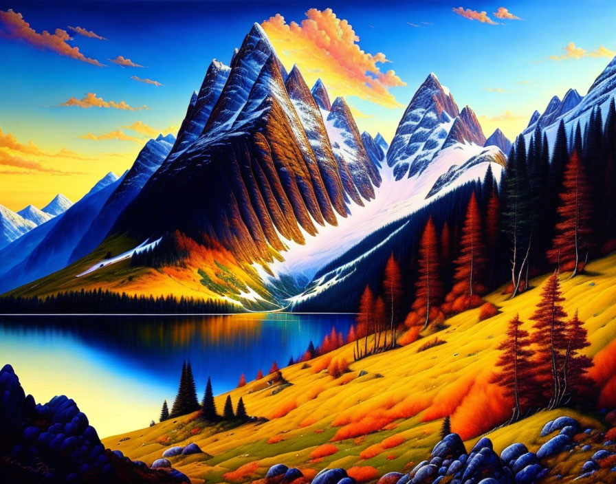 Scenic painting of snow-capped mountains, autumn forest, lake, and sunset