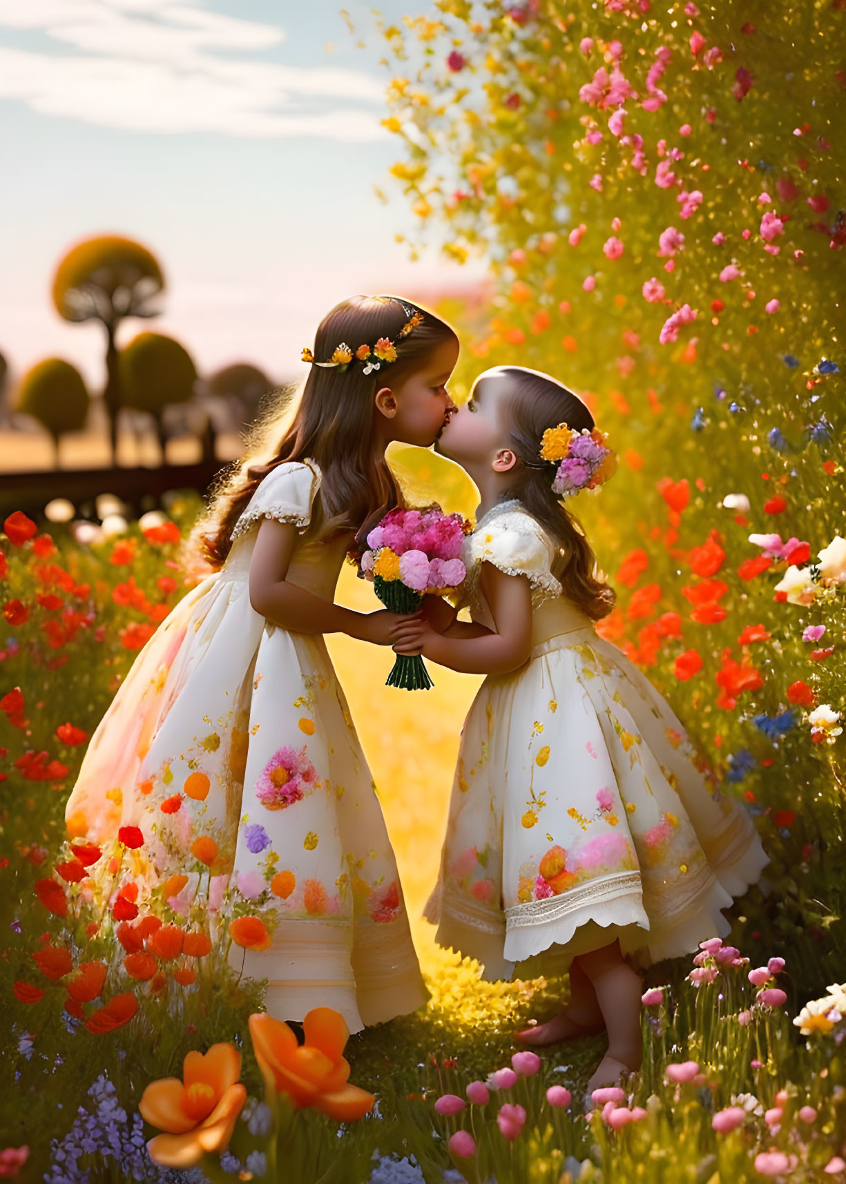 Two young girls in floral dresses kissing in vibrant flower field