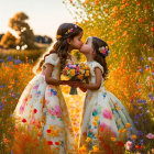 Two young girls in floral dresses kissing in vibrant flower field
