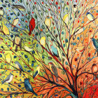 Colorful Tree Painting with Birds on Textured Background