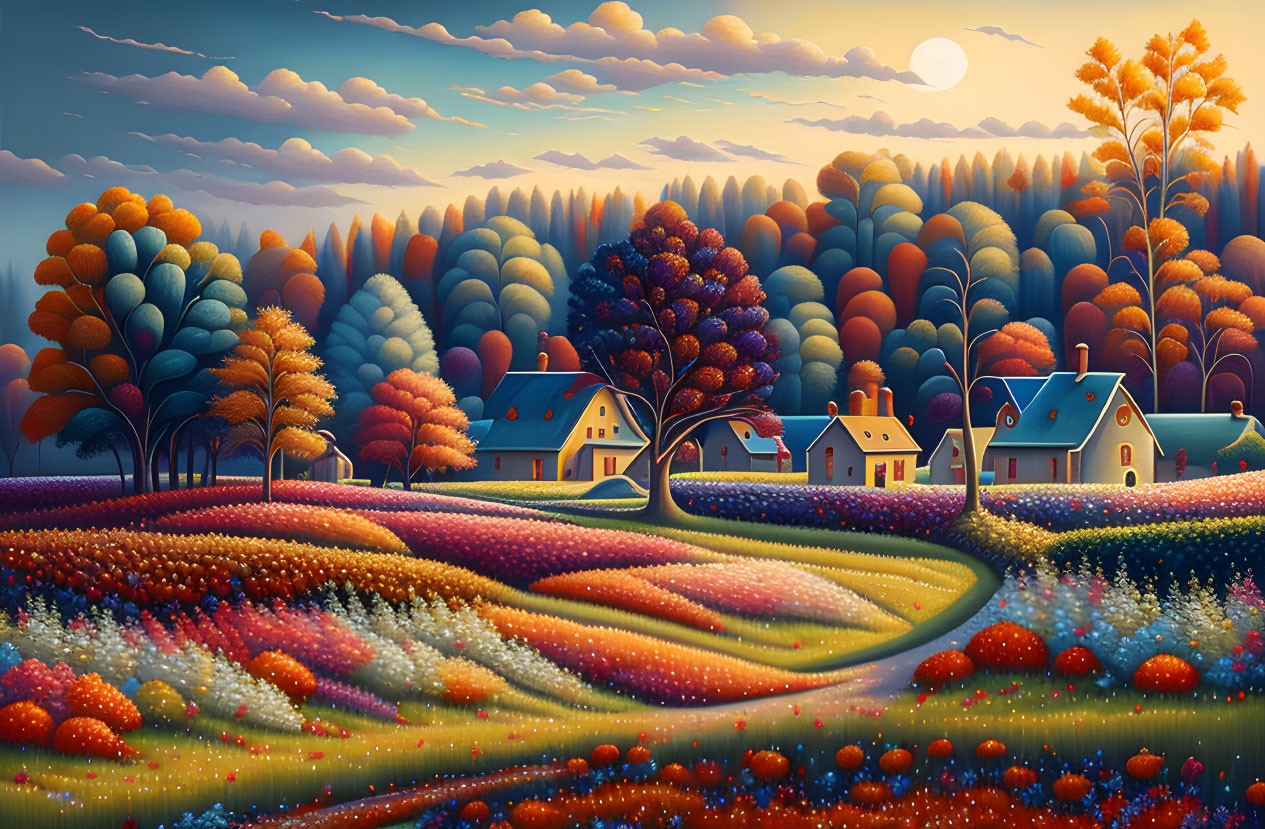 Colorful Whimsical Landscape with Stylized Trees and Cottages