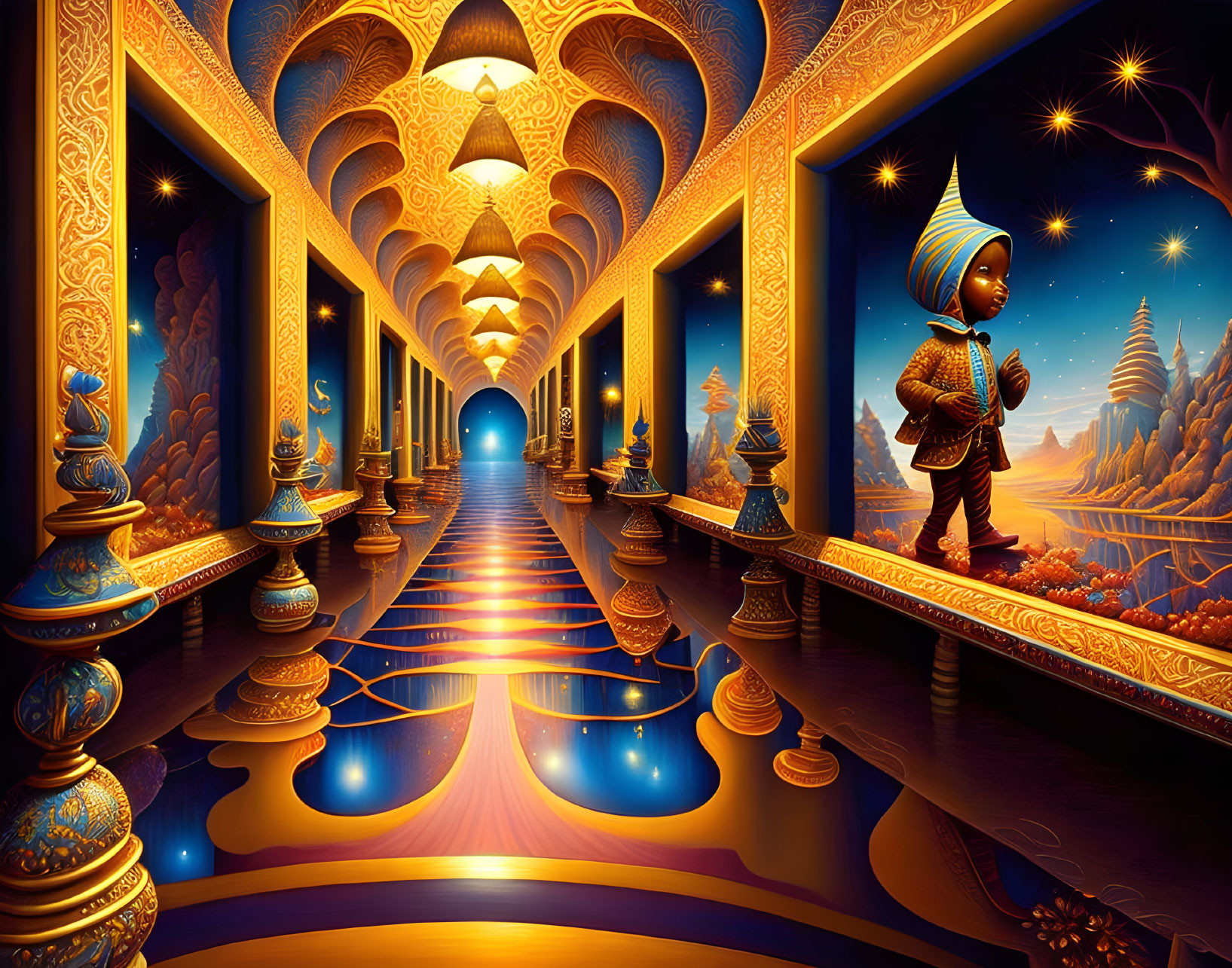 Digital artwork of ornate corridor with starry skies & solitary figure
