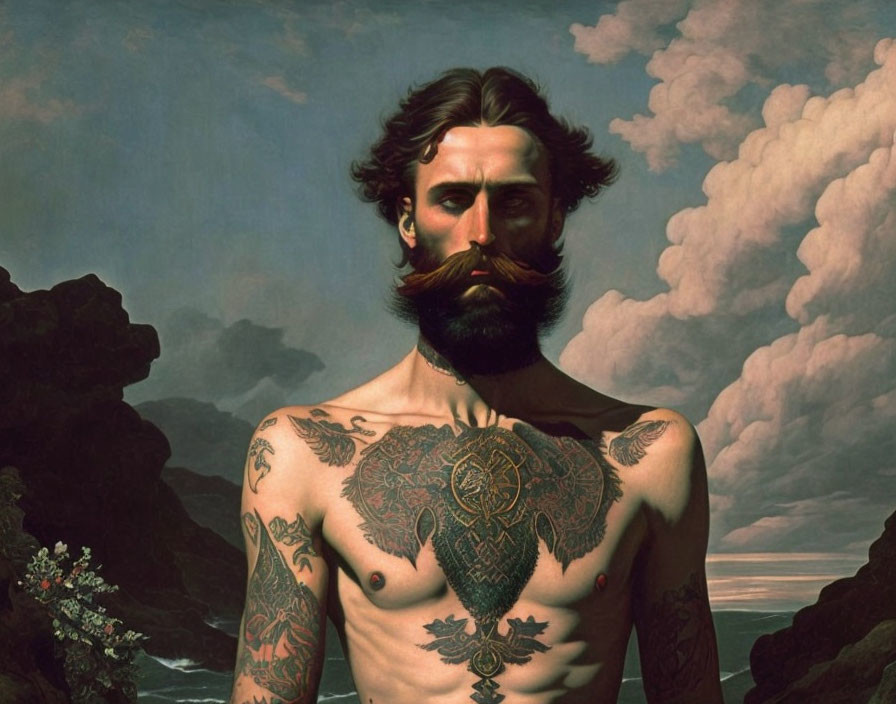 Bearded man with chest tattoos in dramatic sky and sea scene