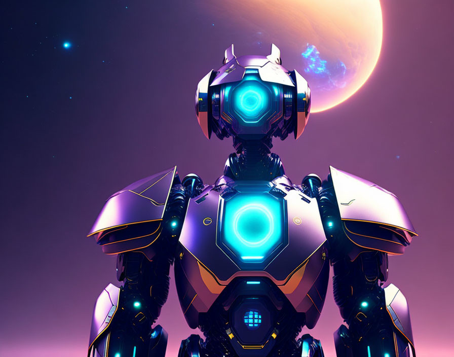 Futuristic robot with glowing blue elements under purple sky