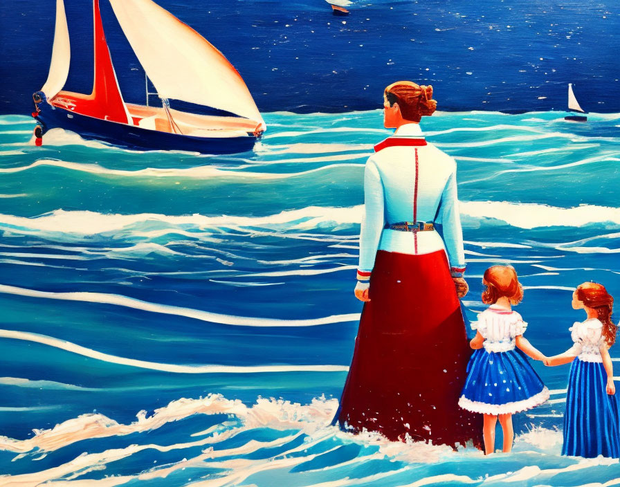Artwork featuring woman, children, and sailboat on wavy seas under clear sky