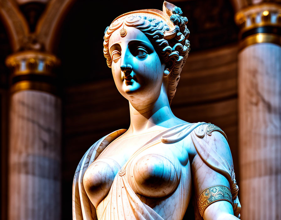 Colorful Statue of Classical Female Figure with Detailed Drapery and Hair Ornaments Against Illuminated Ar