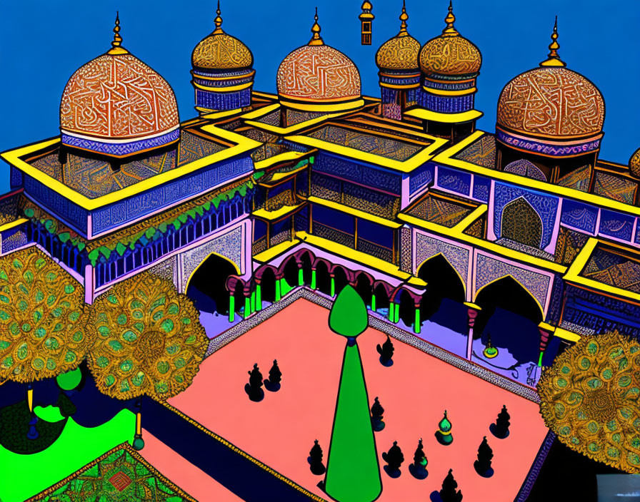 Colorful palace artwork with geometric patterns, gold and blue domes, and silhouetted figures