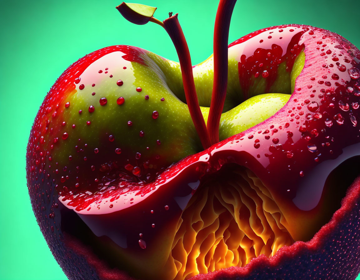 Hyperrealistic apple with split skin and lava core on green background