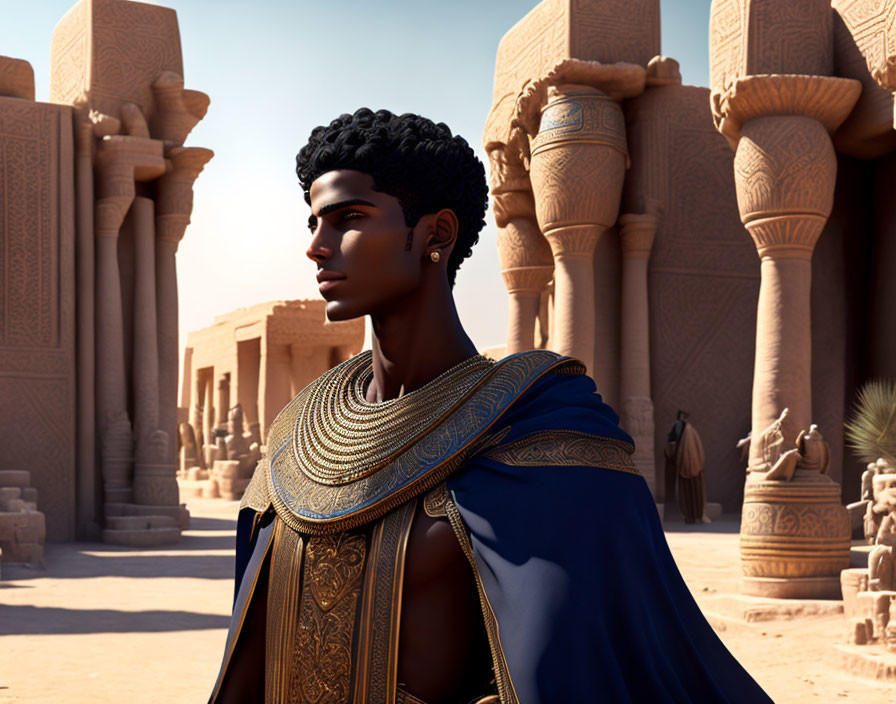 Stylized digital artwork: Young man with dark skin and curly hair in gold cloak against ancient temple
