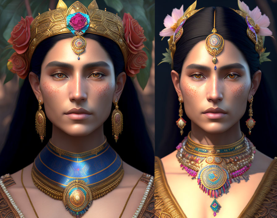 Digital artwork showcasing two women in traditional South Asian jewelry and adornments