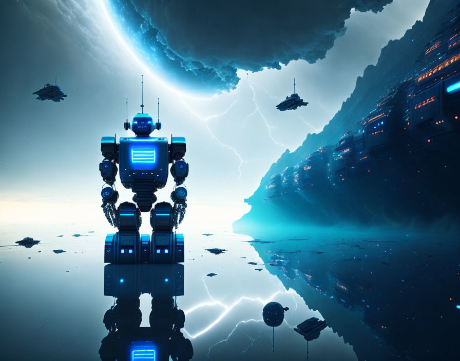 Futuristic robot on mirrored surface with floating rocks and spaceships under vast blue sky
