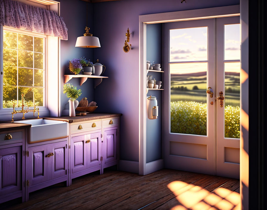 Purple Cabinetry Kitchen Interior with Sunset View