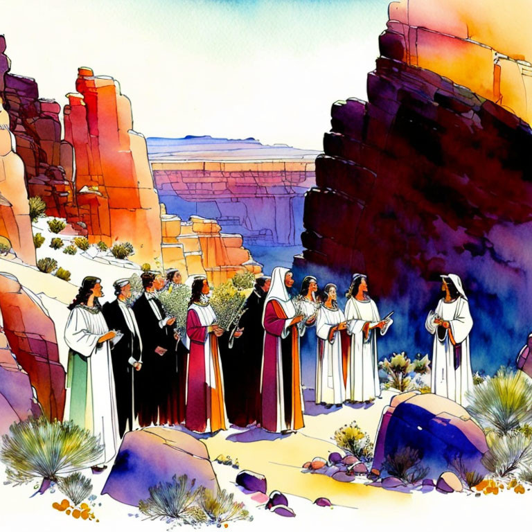 Vibrant illustration: robed figures in desert canyon with rock formations