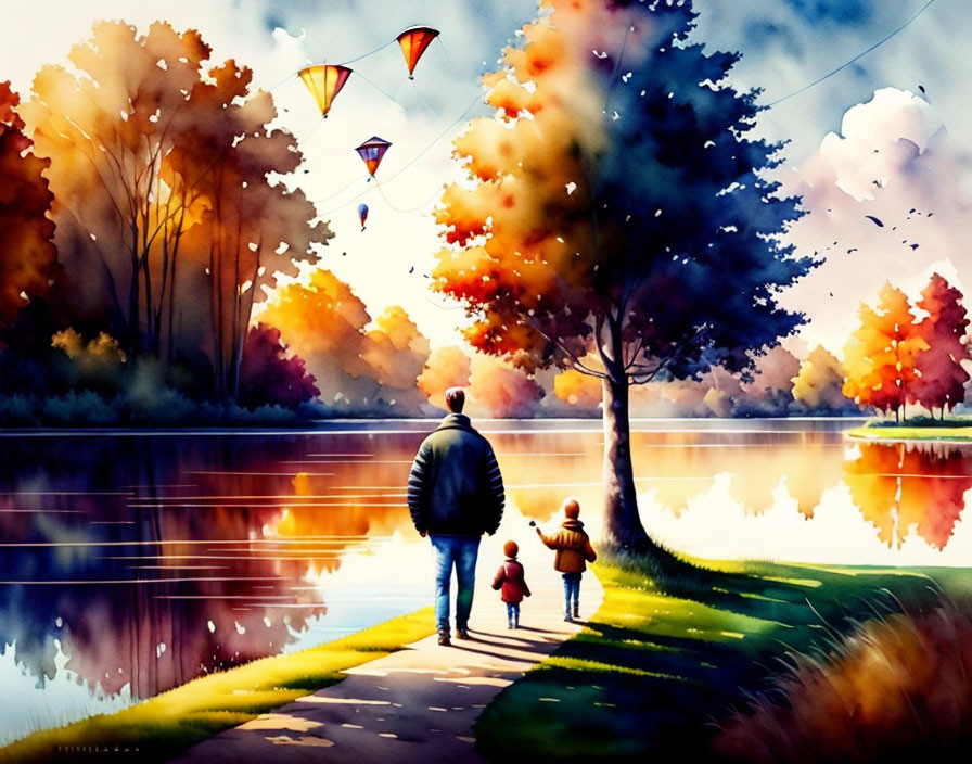 Adult and child walking by lake with colorful trees and flying kites in autumn.