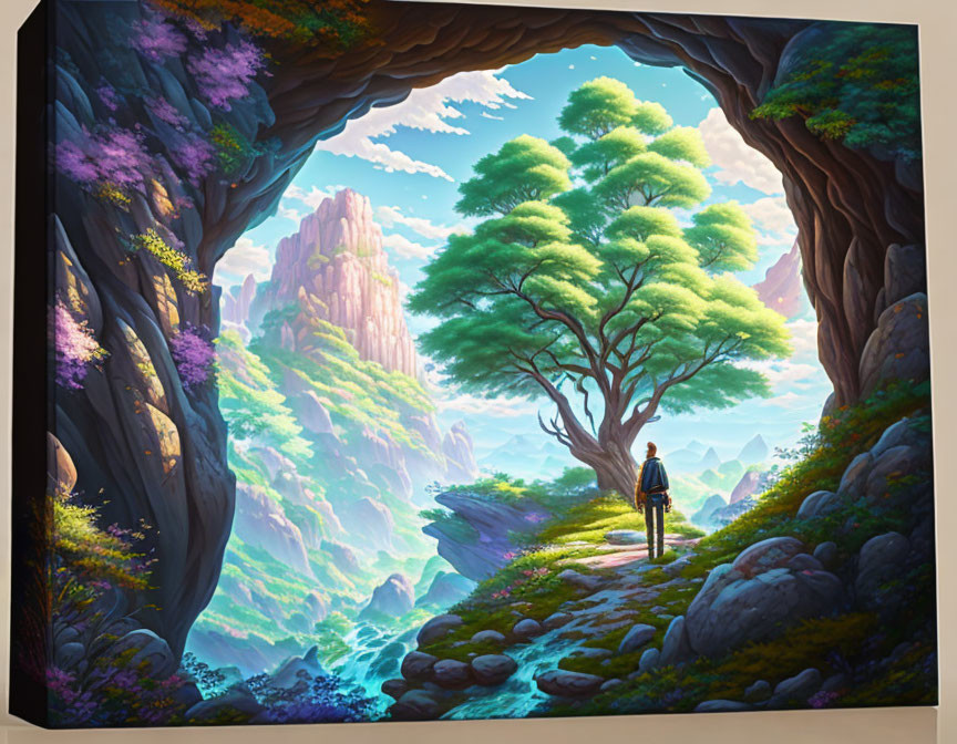 Person at Cave Entrance Observing Lush Valley with Solitary Tree