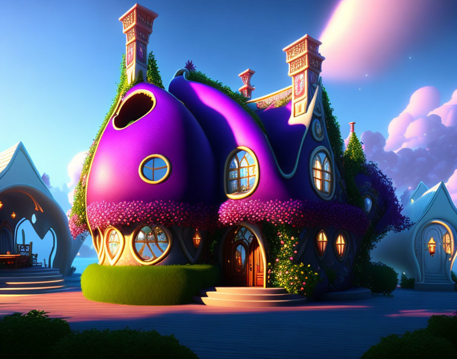 Vibrant Eggplant-Shaped House Among Whimsical Buildings at Dusk