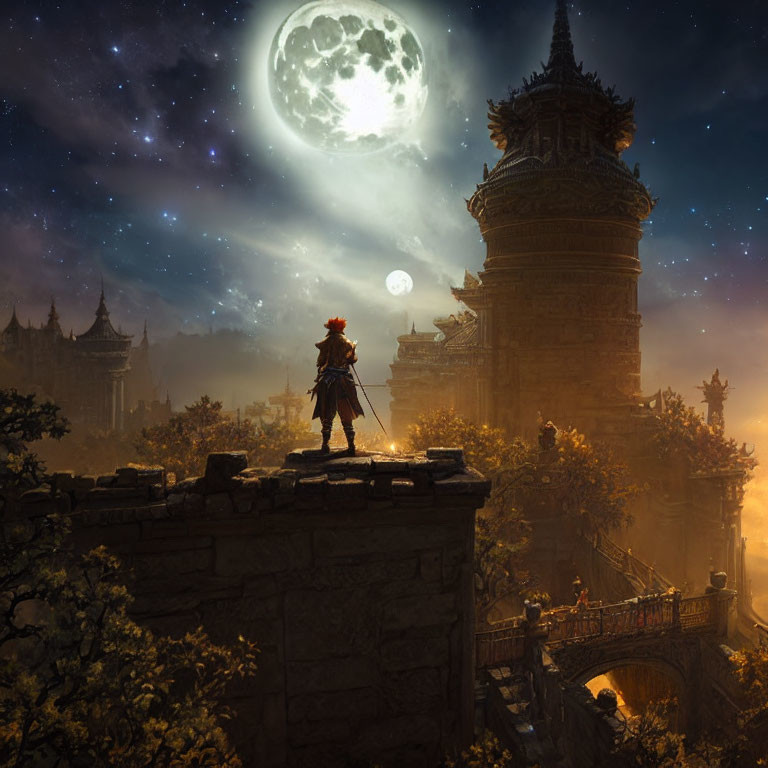 Character on ancient ruins under large moon in mystical fantasy setting