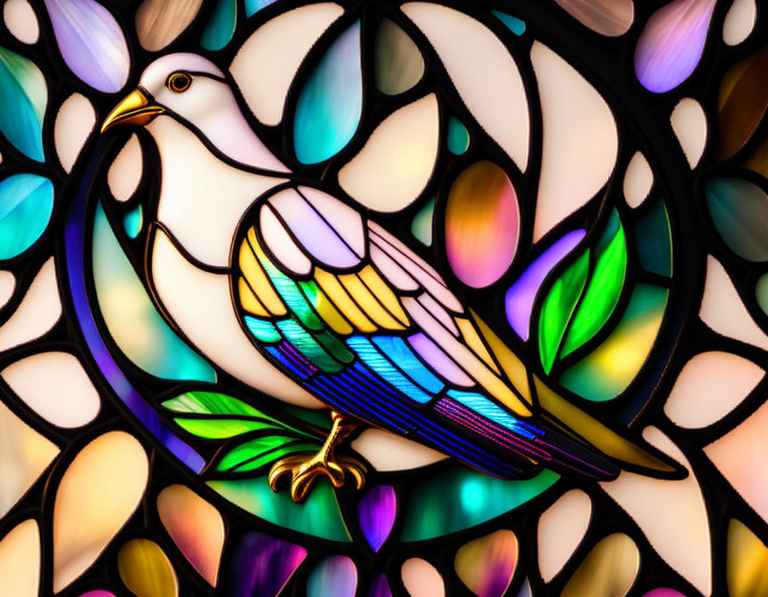 Colorful Stained Glass Window with Dove and Intricate Patterns