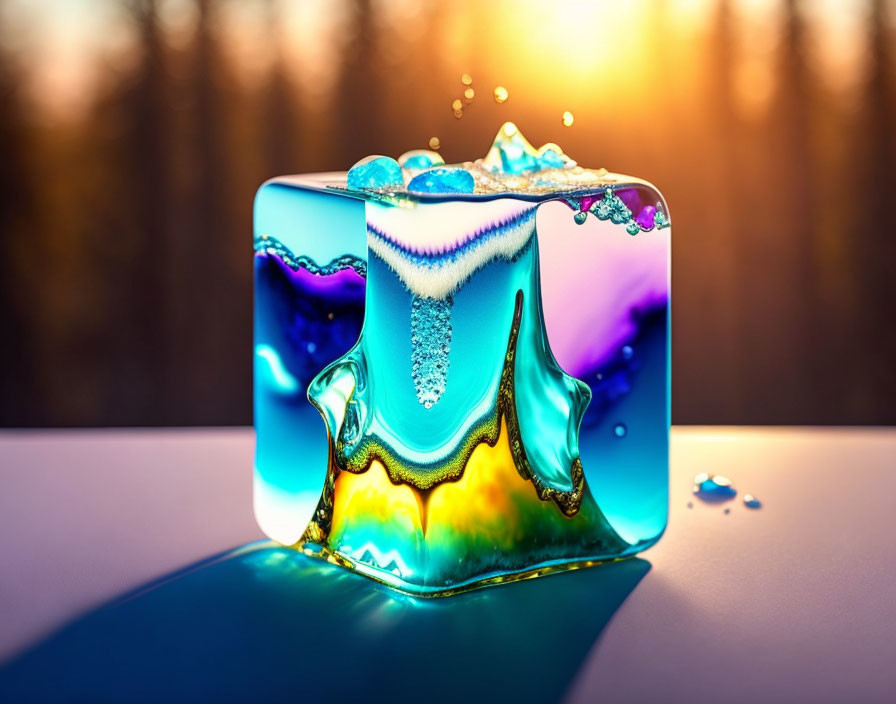 Iridescent ice cubes with water droplets on sunset background