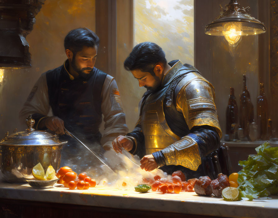 Historical figures cooking together in vintage kitchen scene