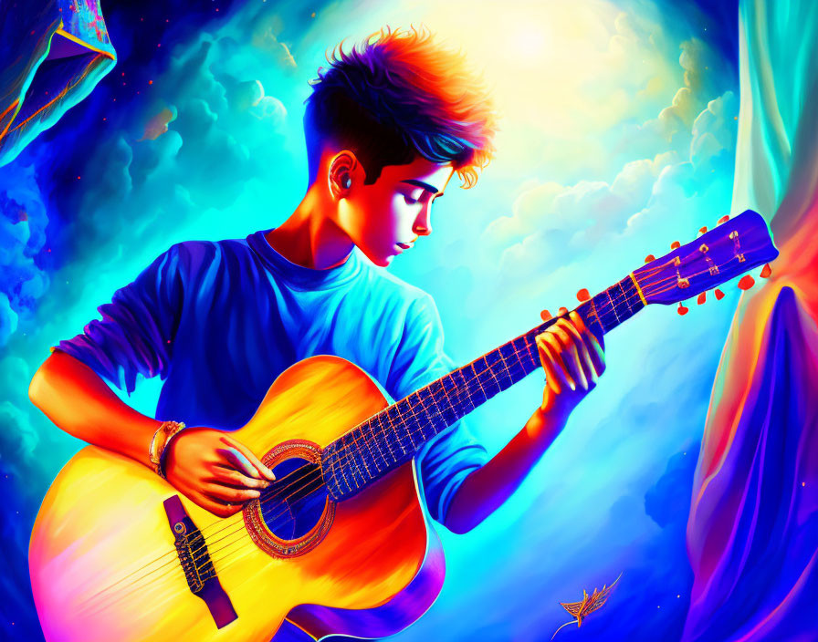 Colorful Illustration of Person Playing Acoustic Guitar in Dreamy Sky