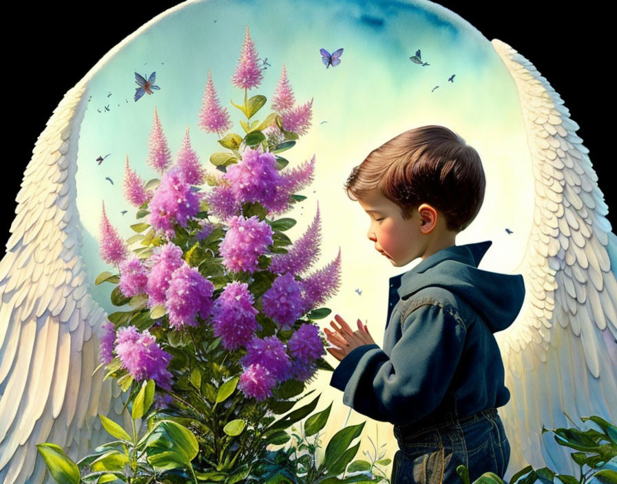 Young boy with angel wings admires purple flower tree and butterflies under glowing sky