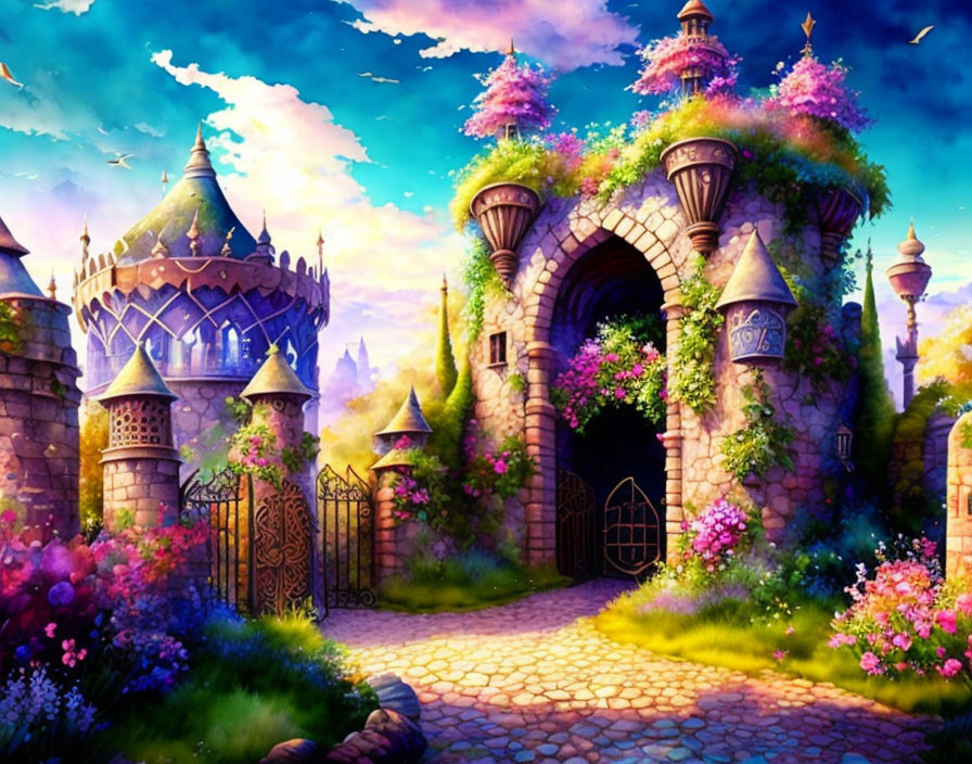 Fantasy castle with lush gardens and cobblestone pathway