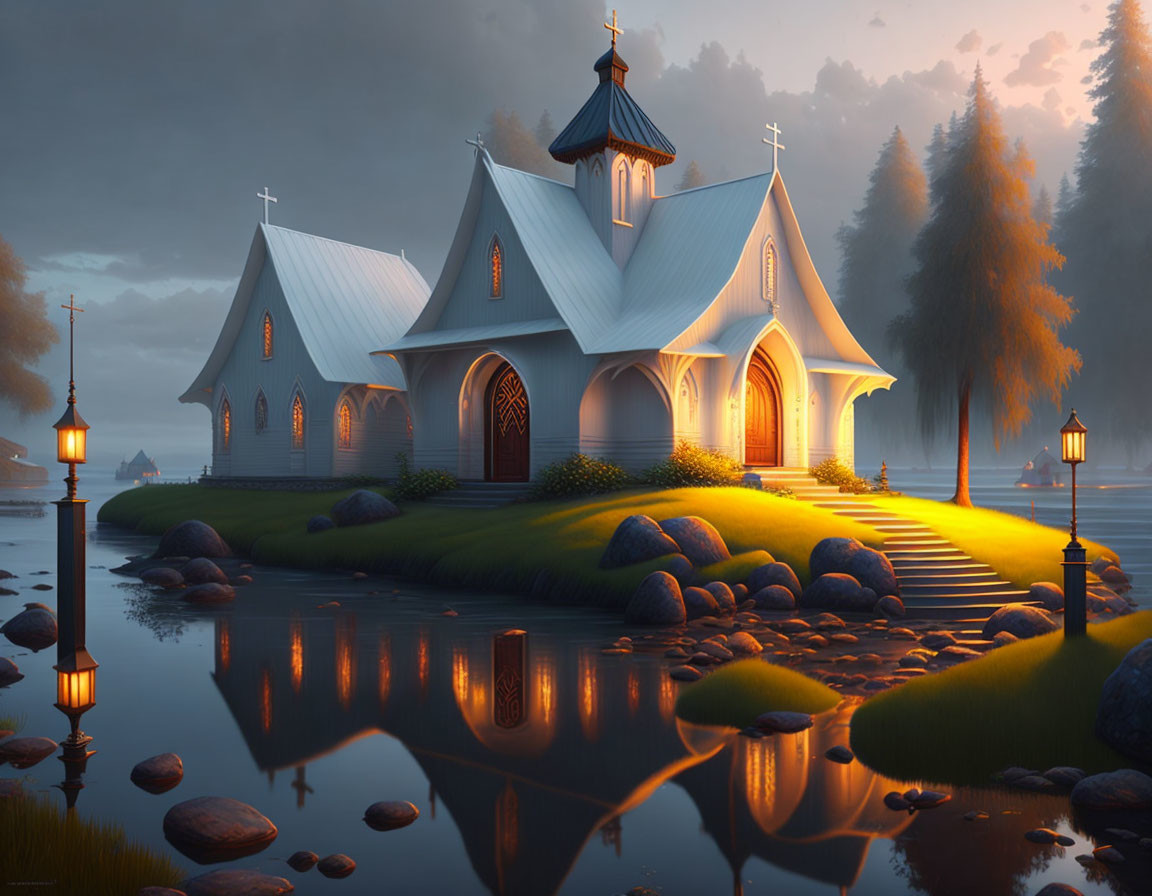 Tranquil dusk scene: church by reflective lake in misty forest