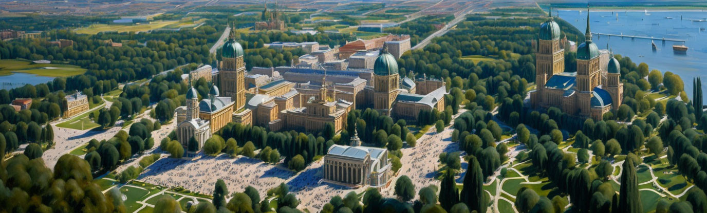 Historical campus with grand buildings, green trees, and water bodies depicted in aerial illustration
