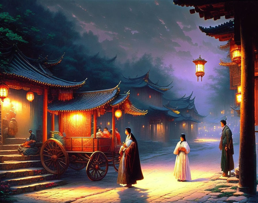 Ancient Asian street at dusk with traditional architecture and lanterns