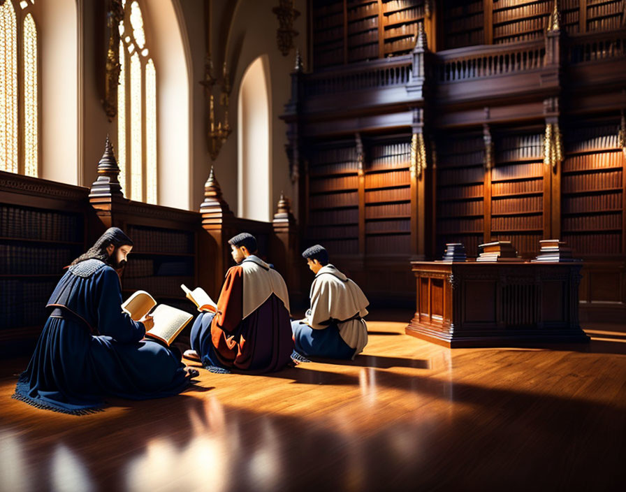 Three people in traditional attire reading large book in grand library