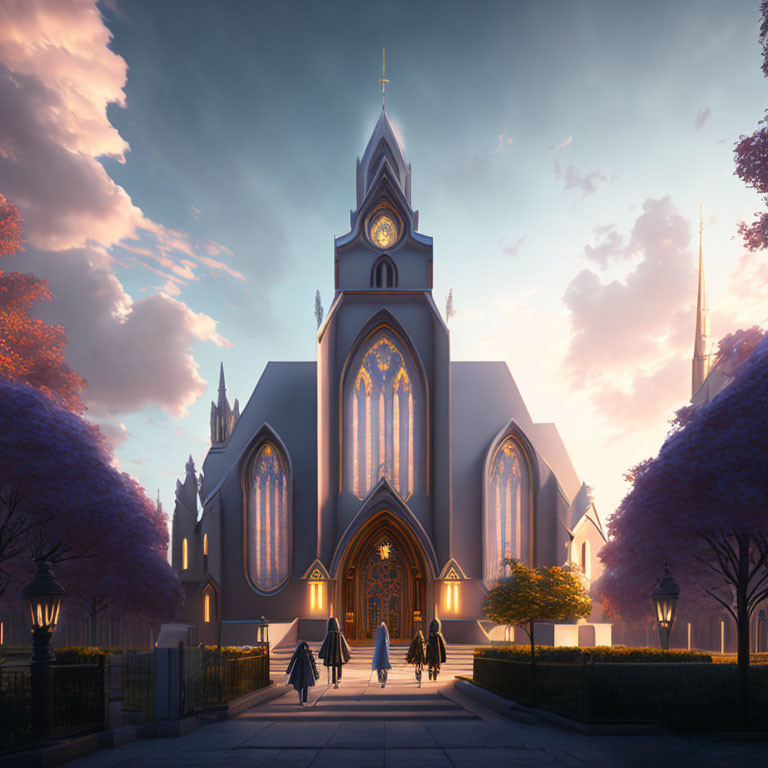 Majestic church with illuminated stained glass windows at dusk