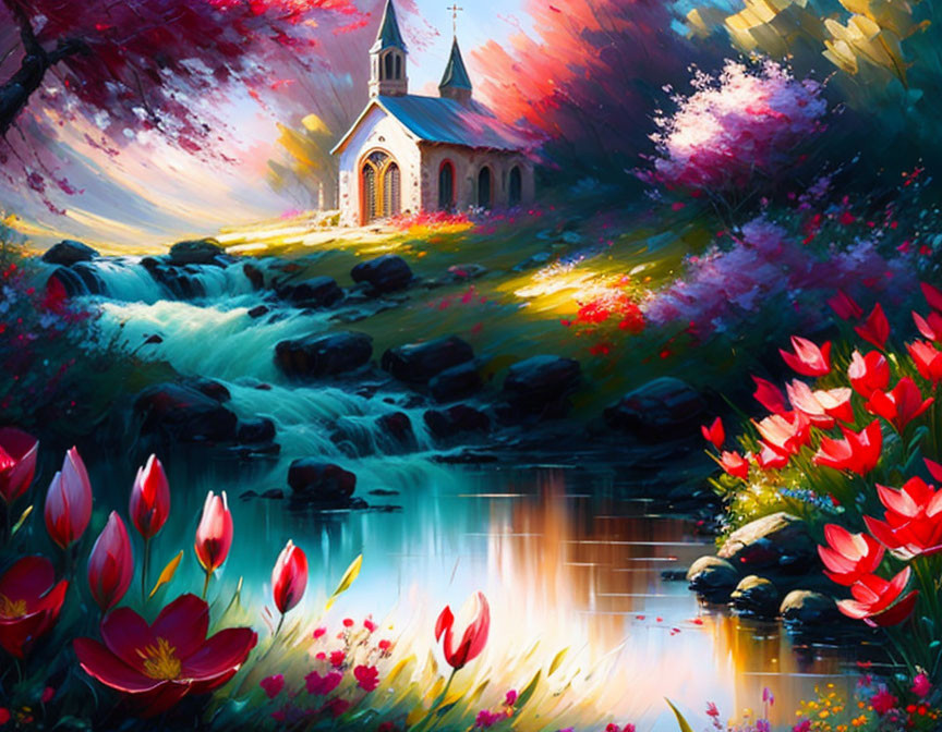 Colorful Impressionistic Painting of Church by Stream