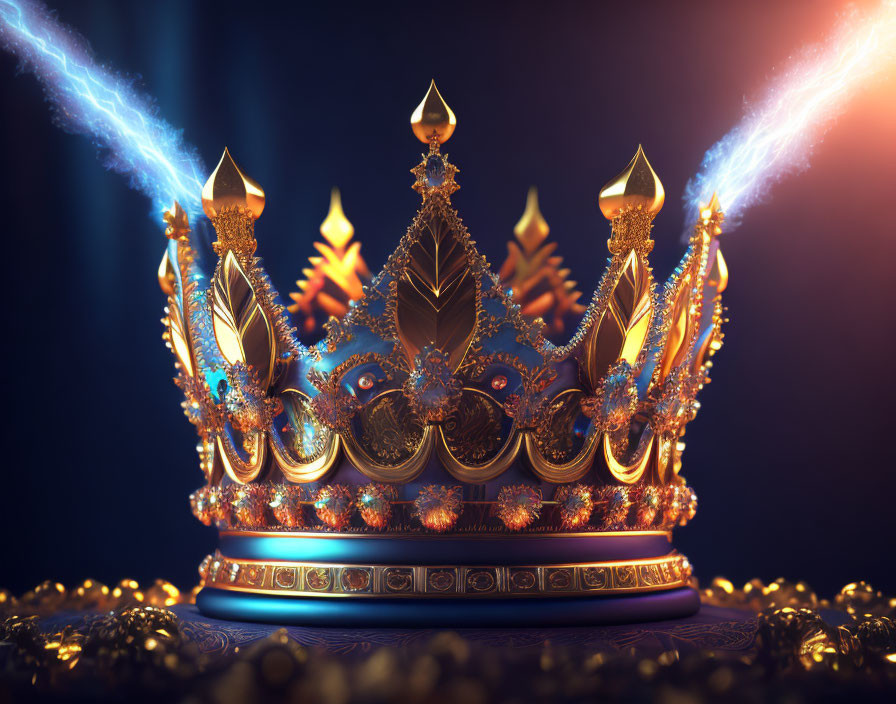 Intricate Golden Crown with Gems and Coins in Illuminated Setting