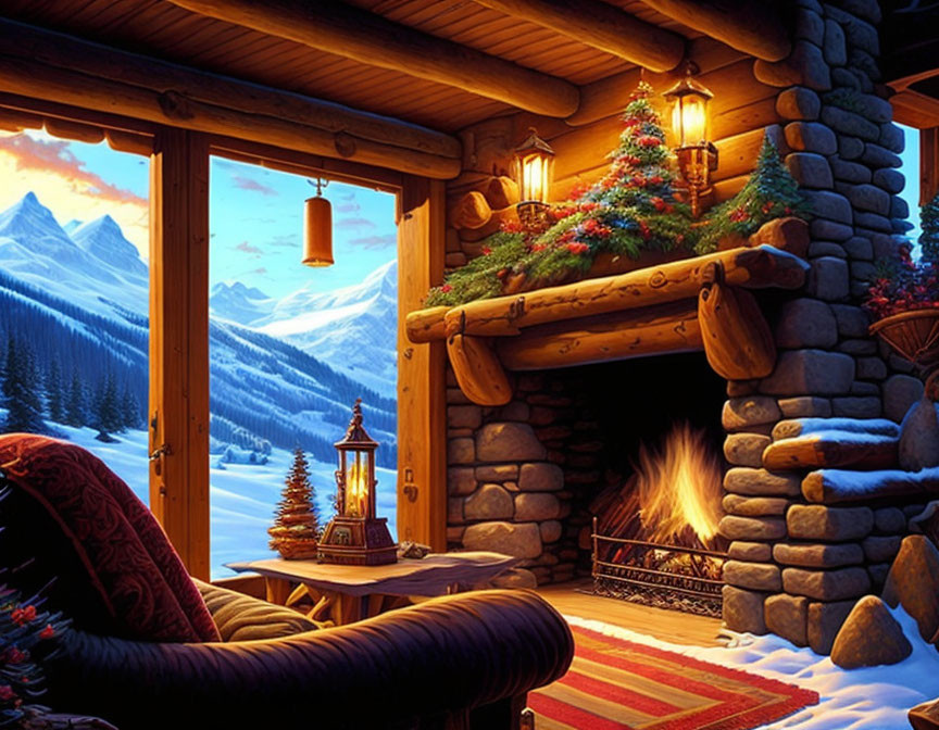 Snowy Mountain Cabin Interior with Fireplace & Festive Decor