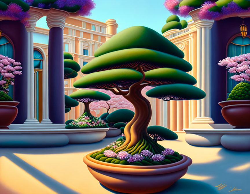 Surreal illustration of stylized bonsai tree in terracotta pot amid pink blossoming trees