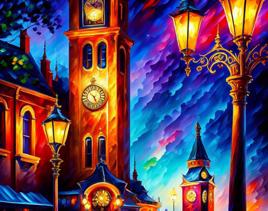 Colorful painting of ornate clock tower and street lamps in animated town at night