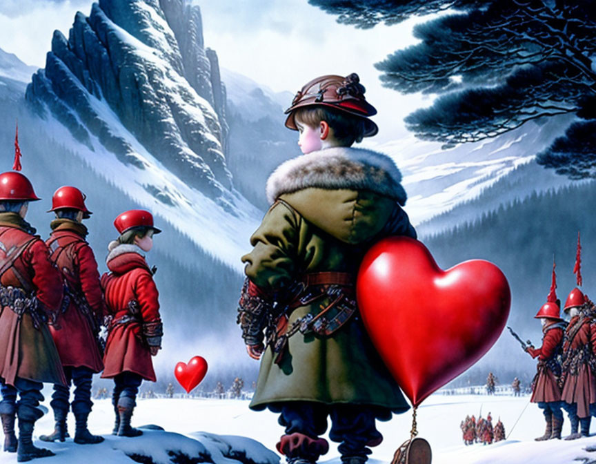 Boy holding heart balloon, soldiers in snowy landscape