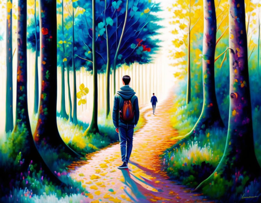 Hiker walking through vibrant forest with sunlight and distant figure