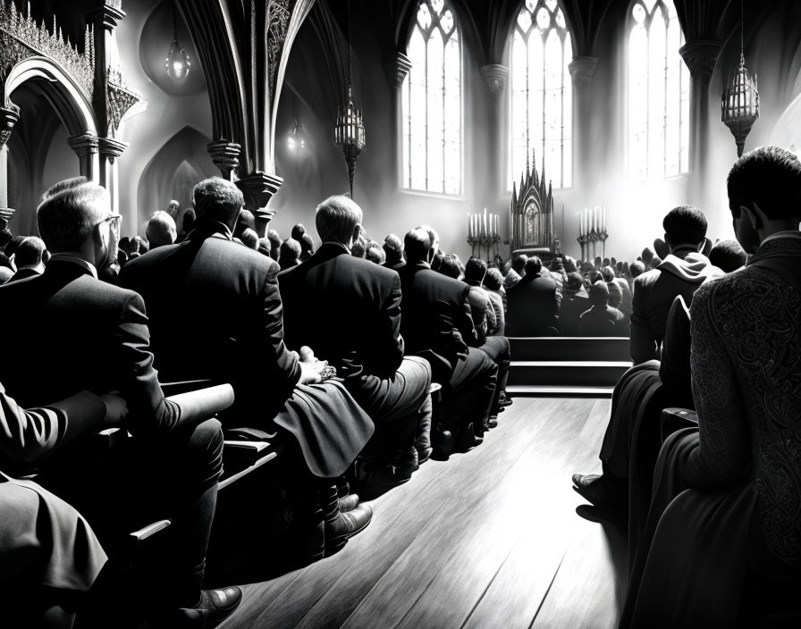 Monochrome photo of individuals in church with light rays and architectural details