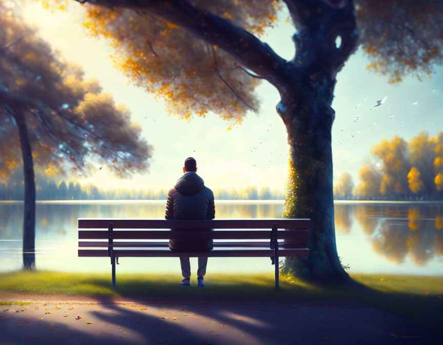 Person sitting on park bench by tranquil lake with falling autumn leaves