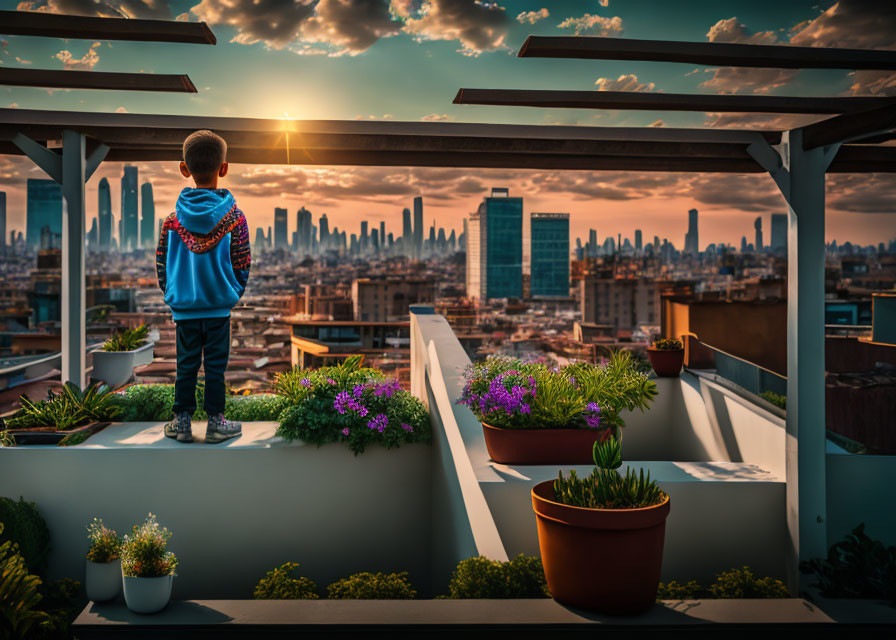Child on Rooftop Garden Ledge at Sunset with City Skyline