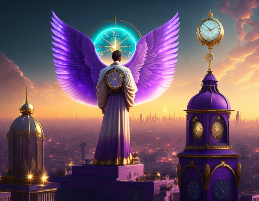 Purple-winged figure in front of large clock and sunset cityscape with floating ornate clocks.