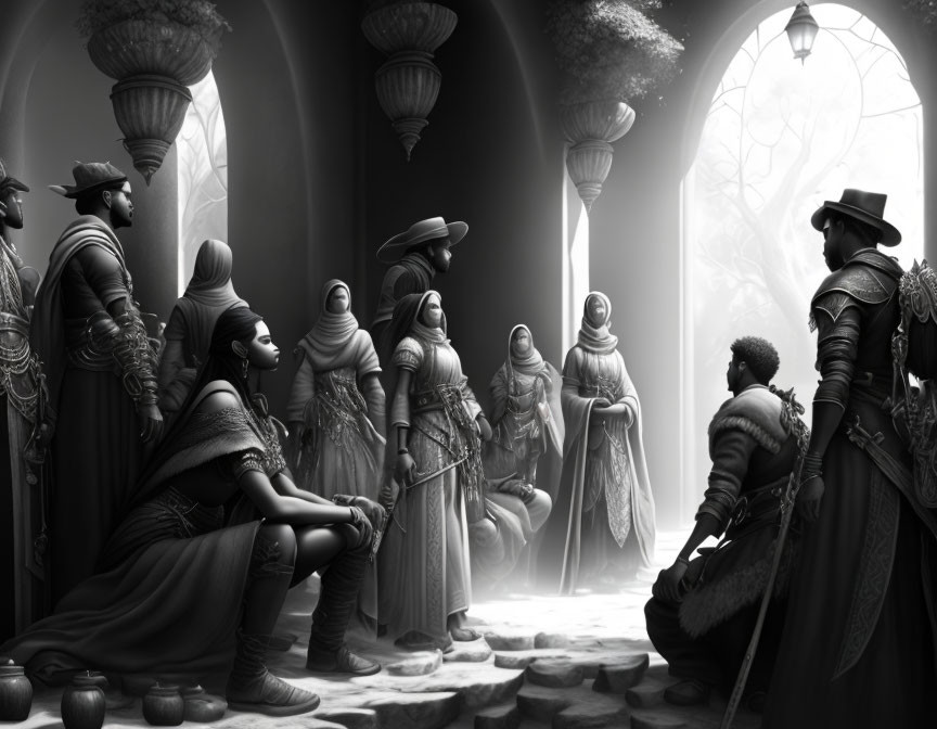 Monochromatic artwork of diverse group in historical attire conversing in ornate hall