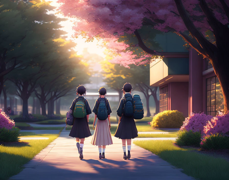 Students walking on tree-lined path at sunset with cherry blossoms.