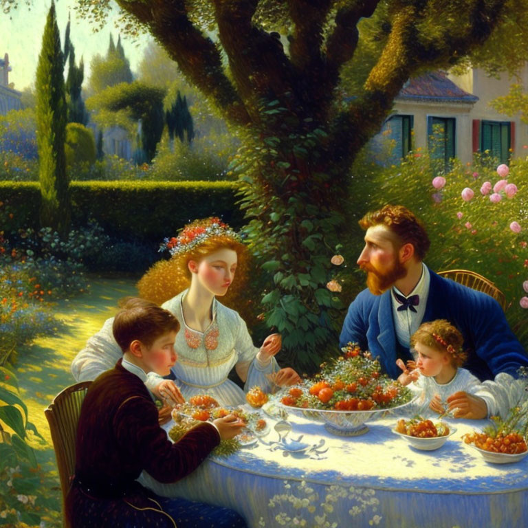Family of Four Enjoying Fruits at Quaint Garden Table