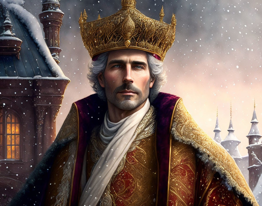 Regal man with crown and royal robes in snowy castle setting
