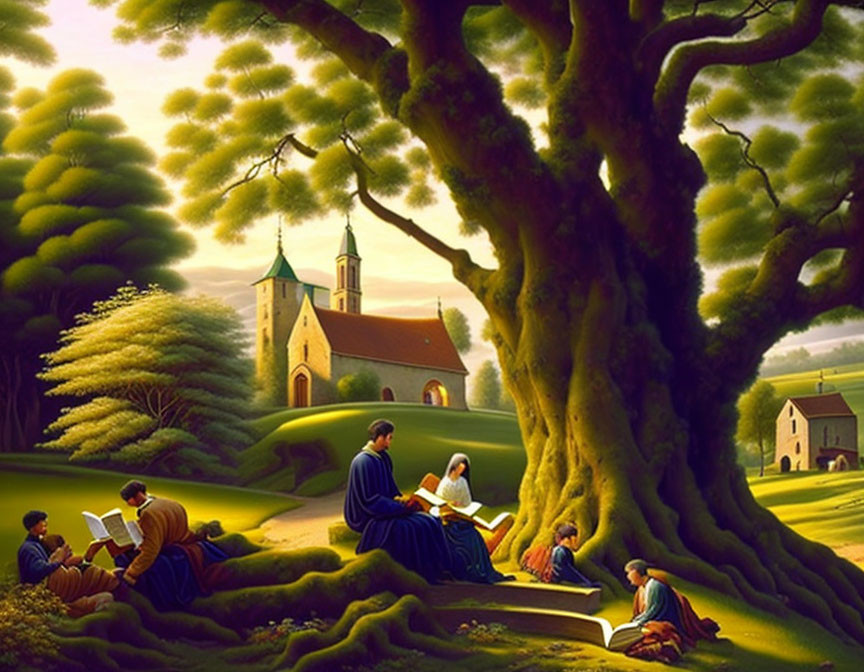People reading books under lush tree with church and houses in serene background.